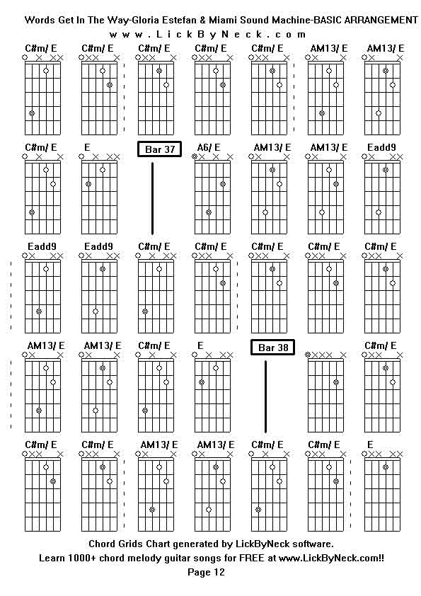 Chord Grids Chart of chord melody fingerstyle guitar song-Words Get In The Way-Gloria Estefan & Miami Sound Machine-BASIC ARRANGEMENT,generated by LickByNeck software.